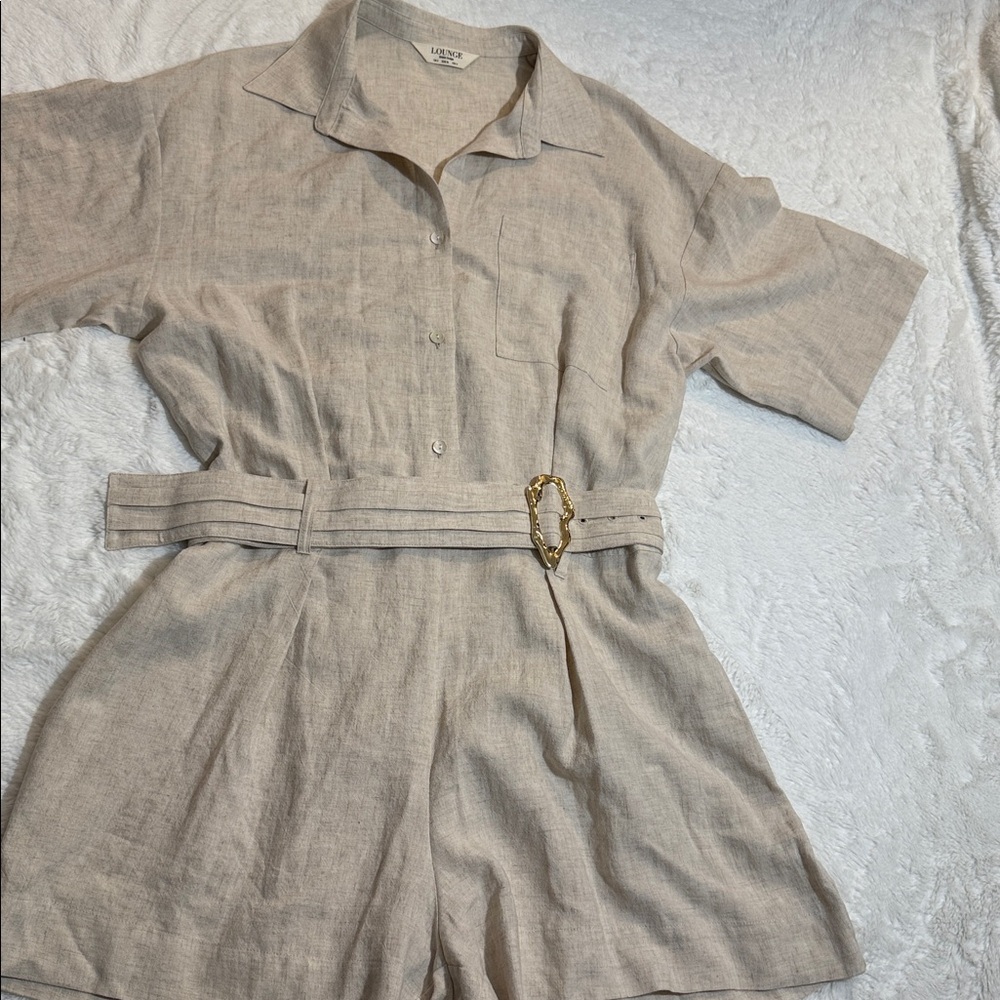 Beige Short Sleeve Romper with Belt